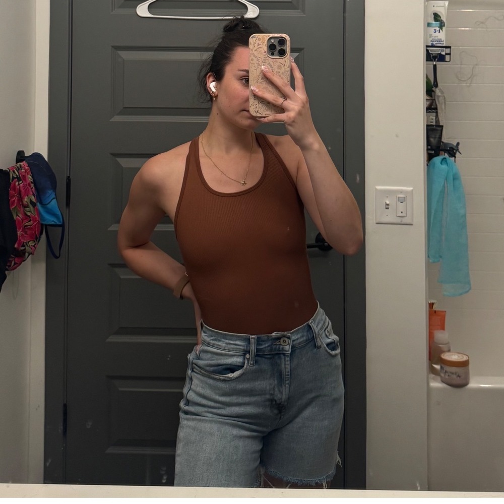 OQQ Women Ribbed Racerback Bodysuit Brown Seamless Thong Snap Closure Small